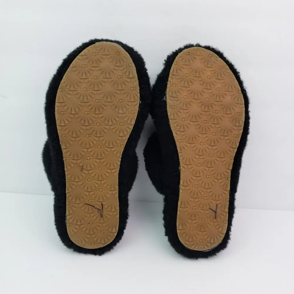 UGG Oh Yeah Girls Size 1Y Black Slip On Fluffy Soft Slipper Sandals 1115752K